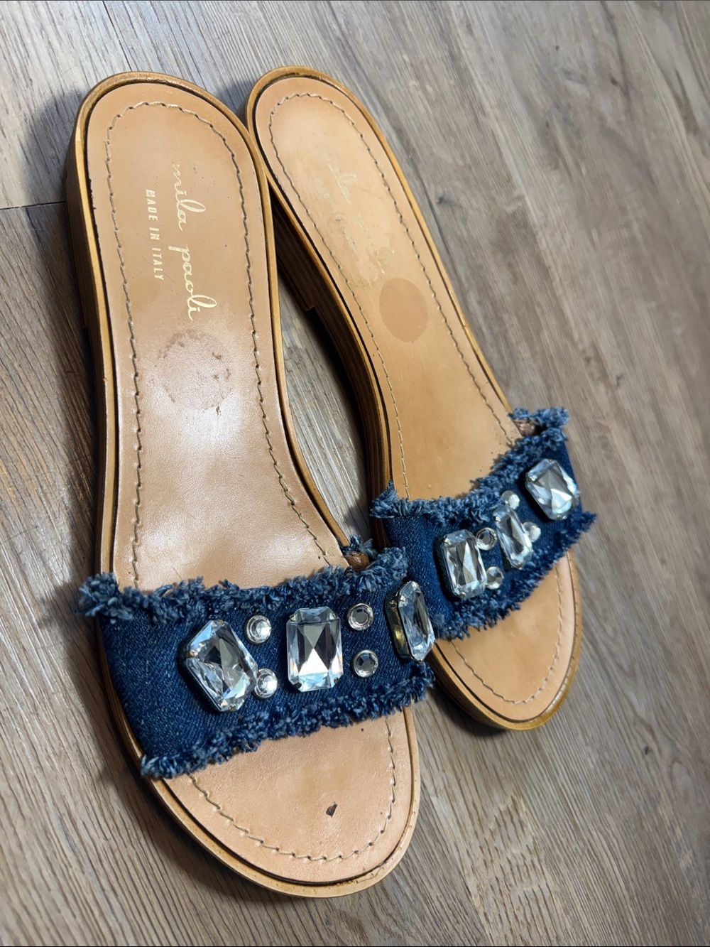 Mila Paoli Denim Slide Mules with Crystal Embellishments - Blue
